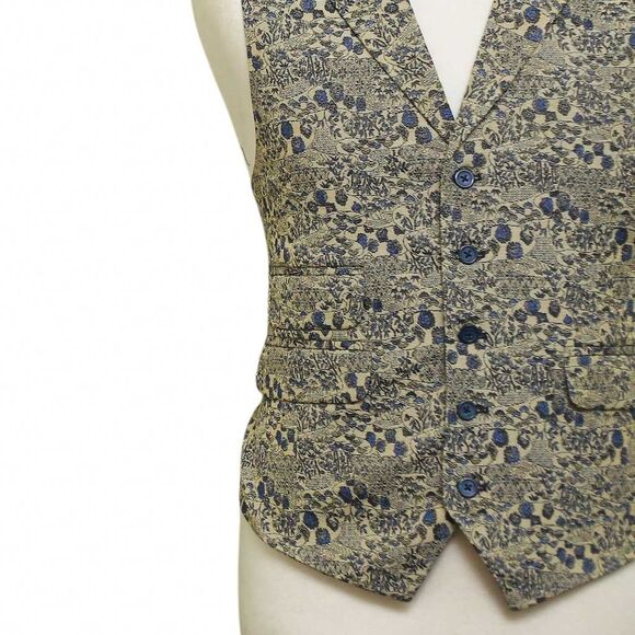 Mens Floral Vest 44R Yellow Blue Jacquard Waistcoat Formal Wedding Groom Party - Picture 7 of 9